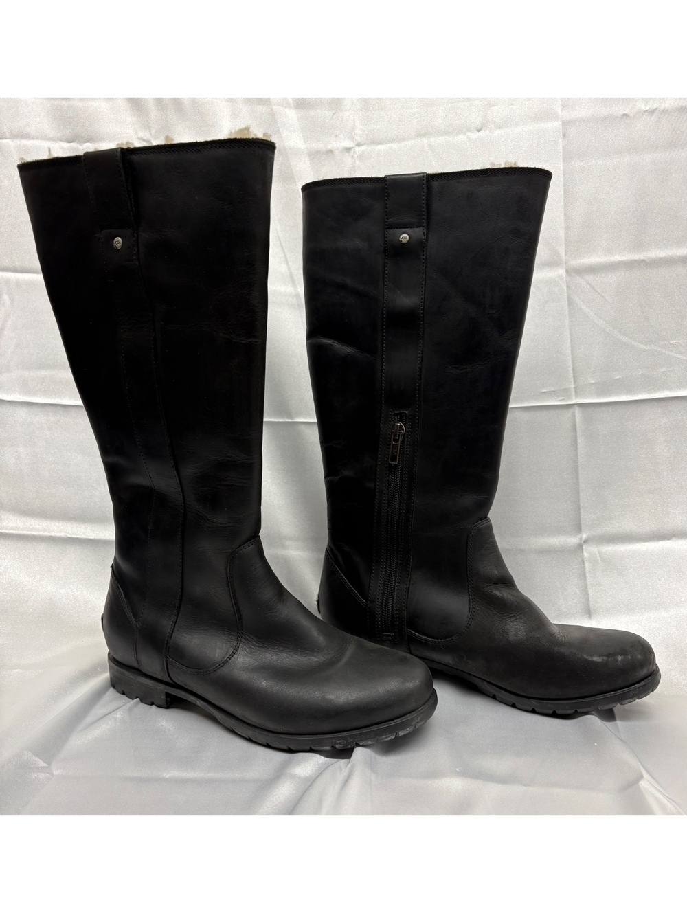 UGG Junipero Black Leather Riding Boots with Shearling Lining, Size 8 Women’s